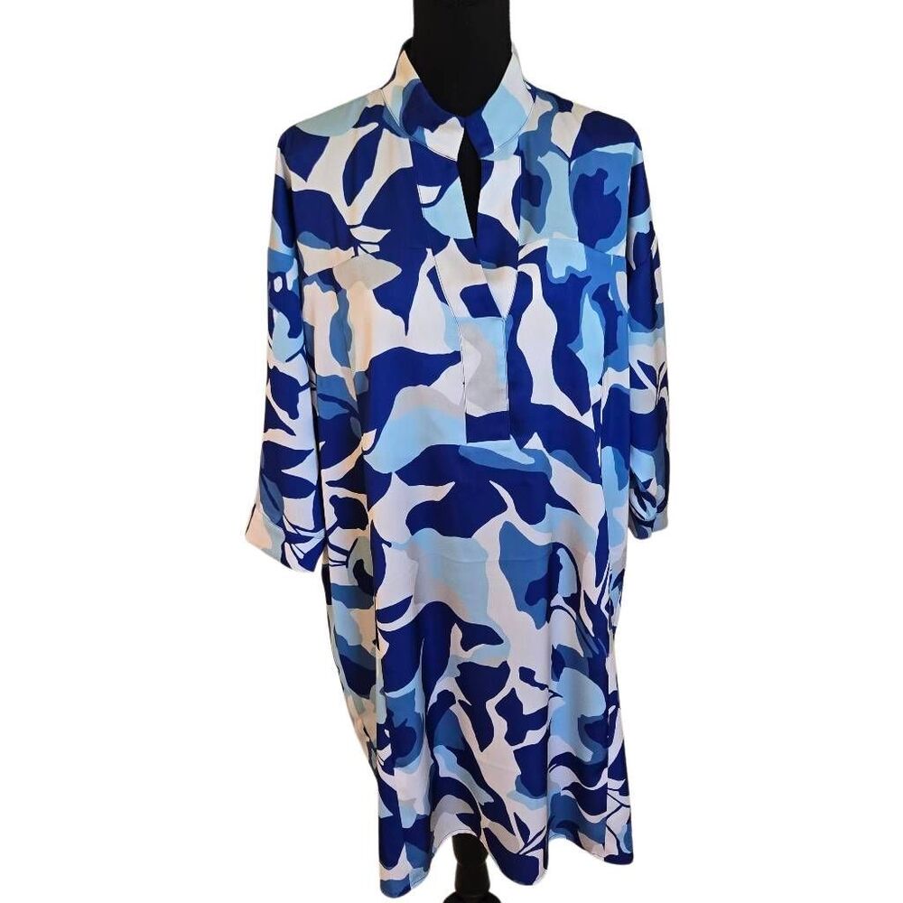 Ming Wang Womens Floral Print Crepe de Chine Shift Dress Blue White Large - Picture 2 of 11